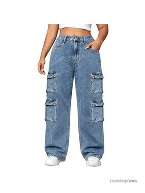 Plus Size Wide Leg Stretch Straight Leg High Waisted Baggy Cargo Jeans